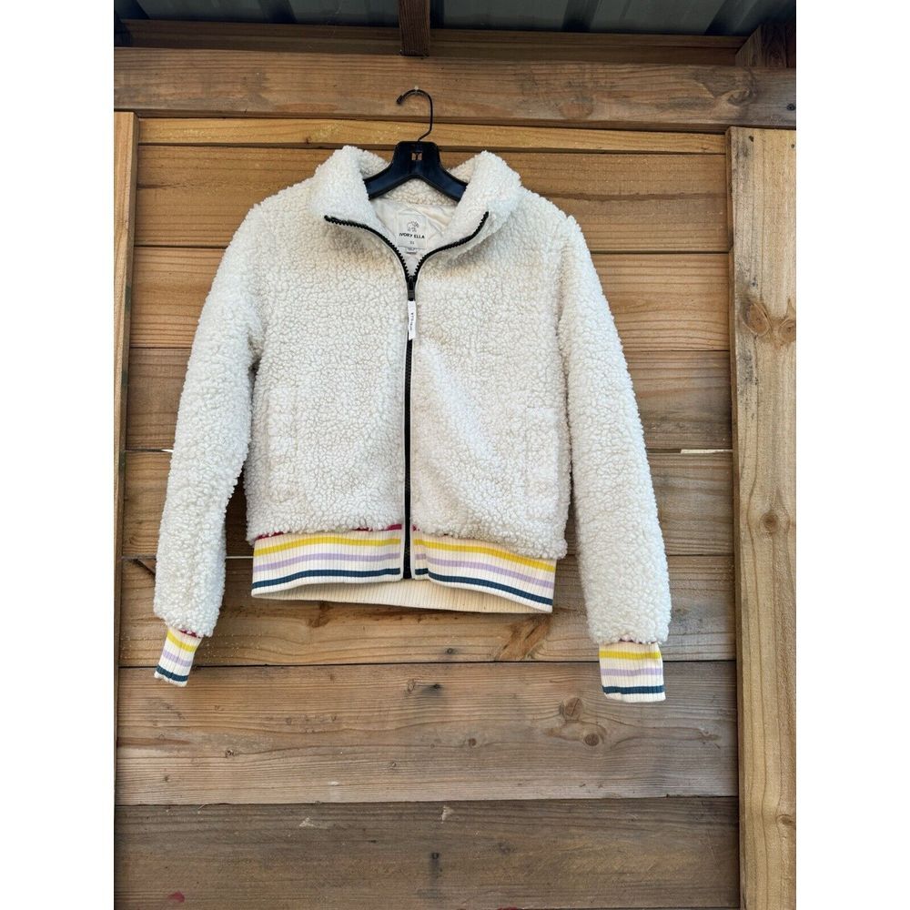 ivory ella Cream Sherpa Zip-Up Jacket with Color-Stripe Hem